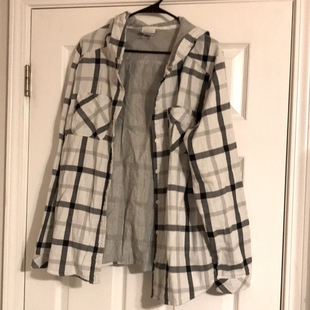 White and grey plaid button up with hood size:XL